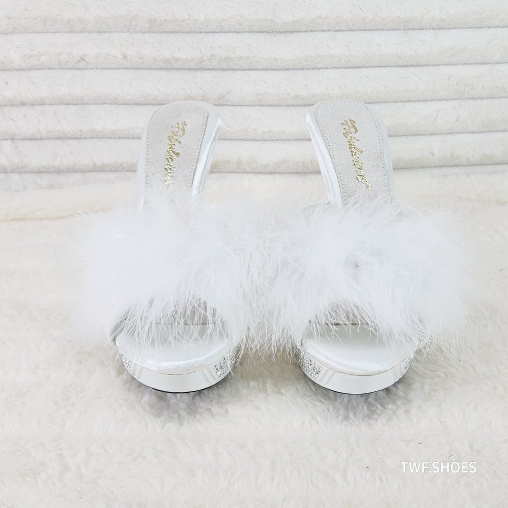 Your Majesty White Marabou Feather Rhinestone Platform Slip On Wedding Slides